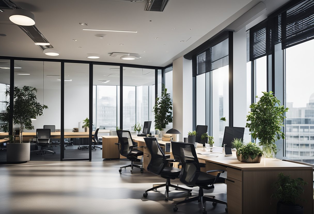 A modern office space with sleek furniture, large windows, and plenty of natural light. The layout is open and collaborative, with designated areas for meetings and individual work