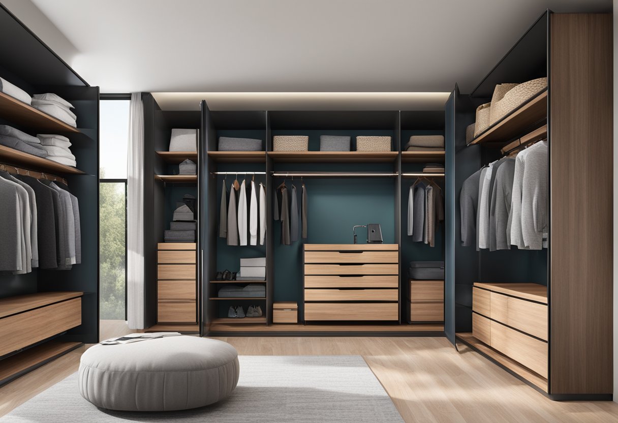 The wardrobe interior features sleek design elements and materials like wood, glass, and metal, creating a modern and organized space