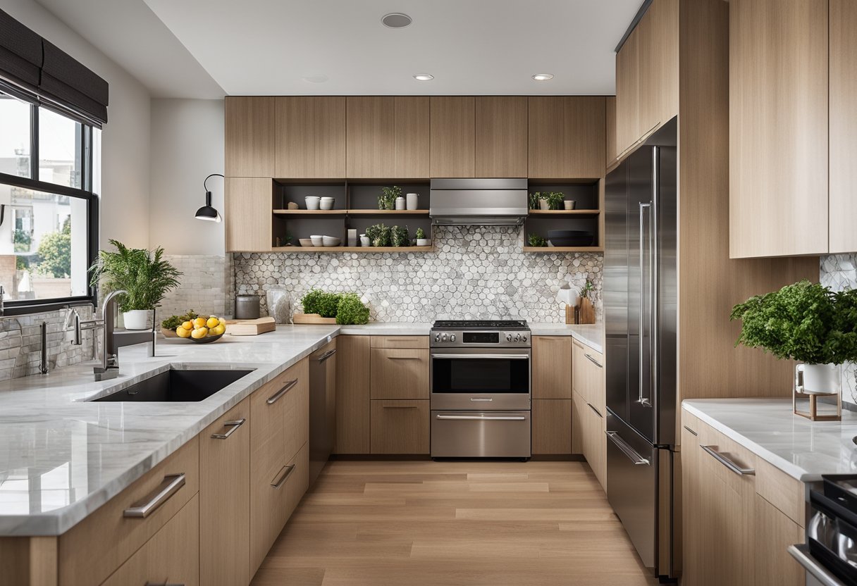 A modern kitchen with sleek stainless steel appliances, glossy marble countertops, and warm wood cabinetry. The floor is tiled with a subtle geometric pattern, and the walls are adorned with textured subway tiles