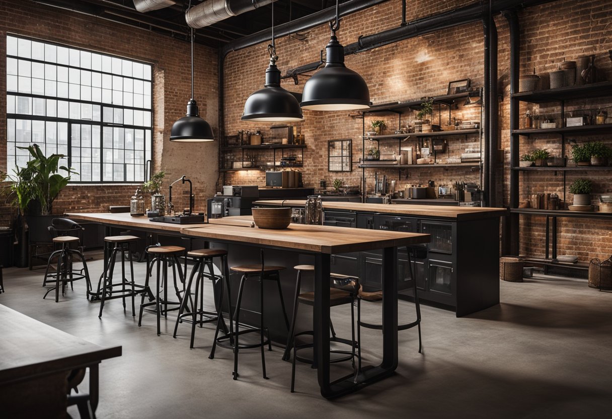 An industrial-style interior with exposed brick walls, metal piping, and vintage furniture. Personal touches include custom lighting fixtures and unique artwork