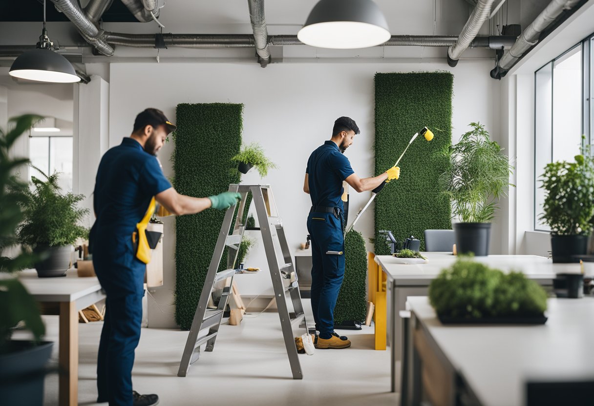 The office renovation process: workers painting walls, installing new furniture, and arranging plants in a modern interior design