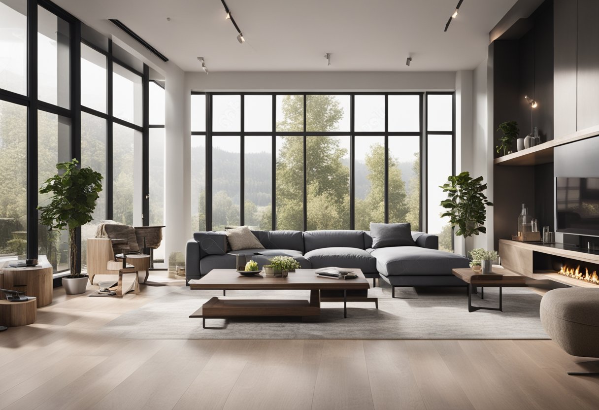 A spacious living room with modern furniture, large windows, and natural lighting. A cozy fireplace and a sleek kitchen with high-end appliances