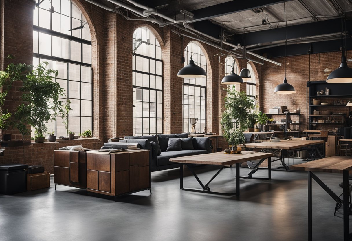 An industrial-style interior with exposed brick, metal beams, and concrete floors. Large windows allow natural light to fill the space, while vintage furniture and raw materials add character