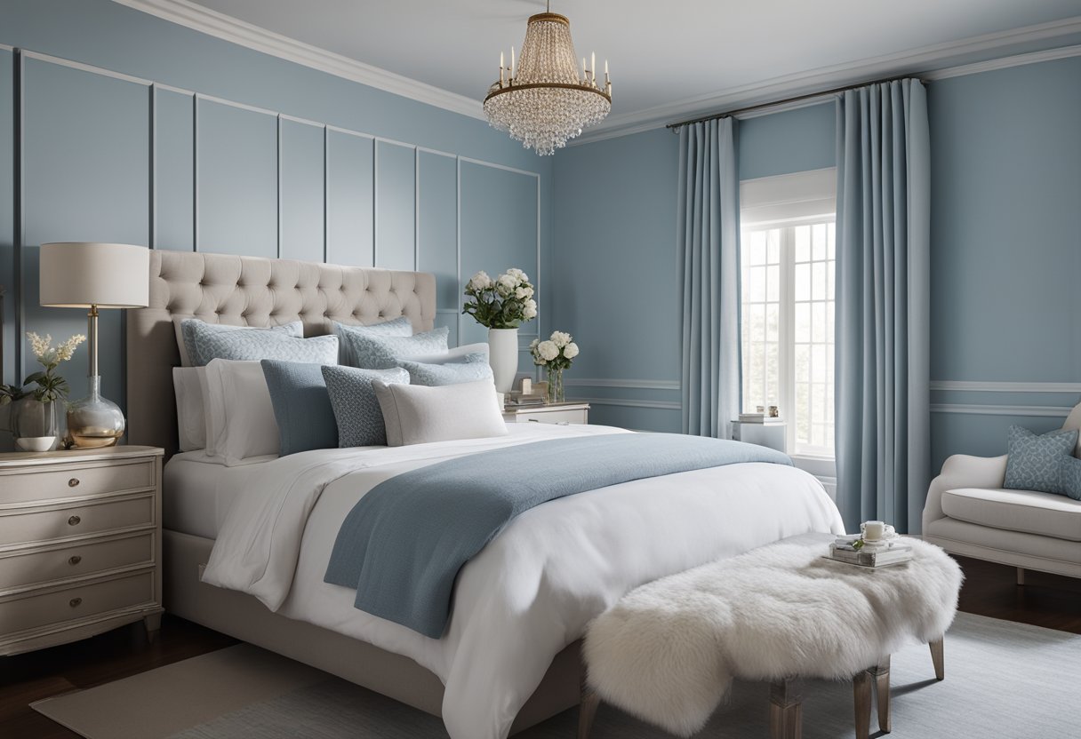 A cozy bedroom with a queen-size bed, nightstands, a dresser, and a large window with flowing curtains. The walls are painted a calming blue, and there is a plush area rug on the hardwood floor