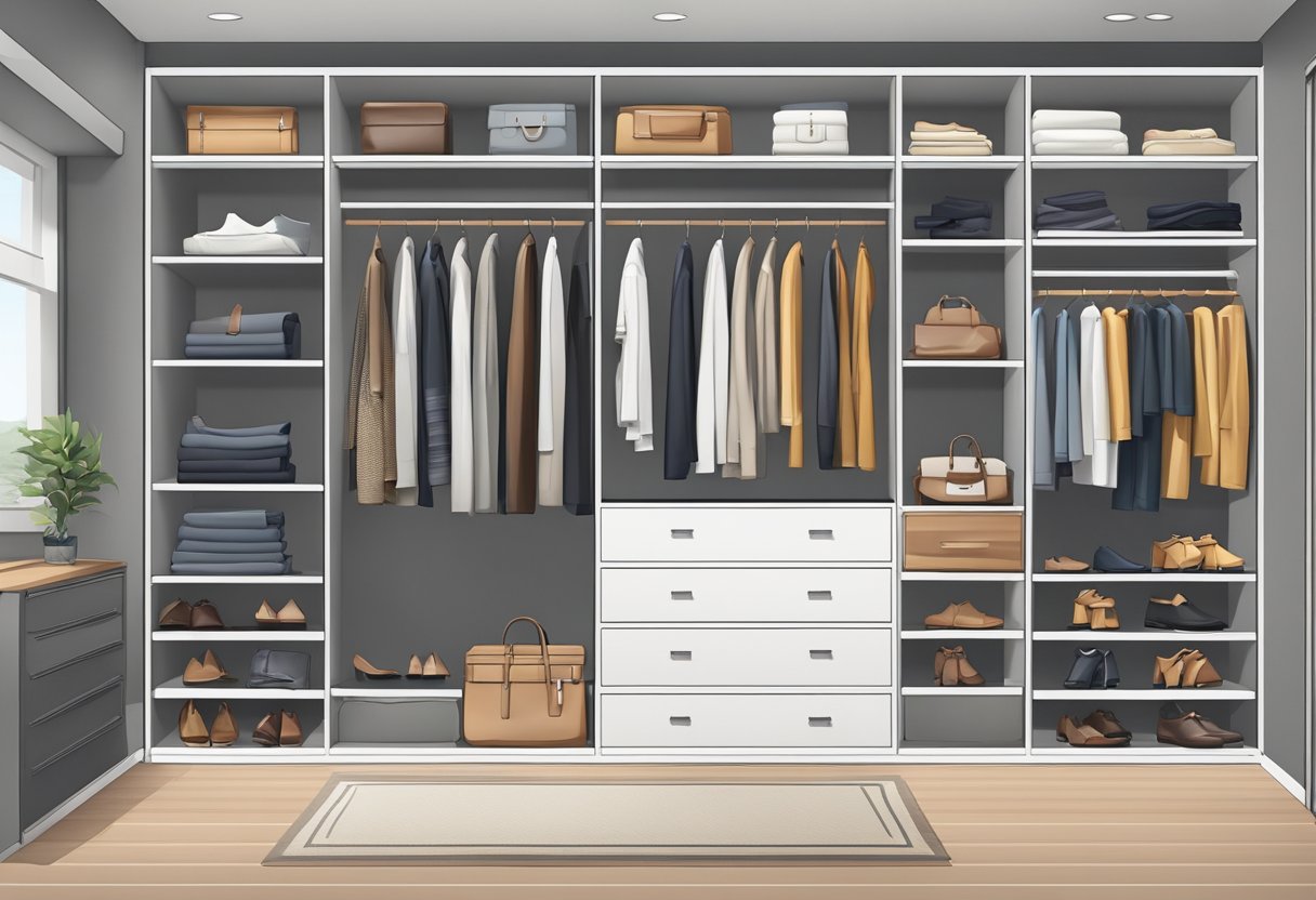 A sleek, organized wardrobe with built-in shelves and drawers. Clothing neatly folded and hung, shoes lined up, and accessories neatly displayed