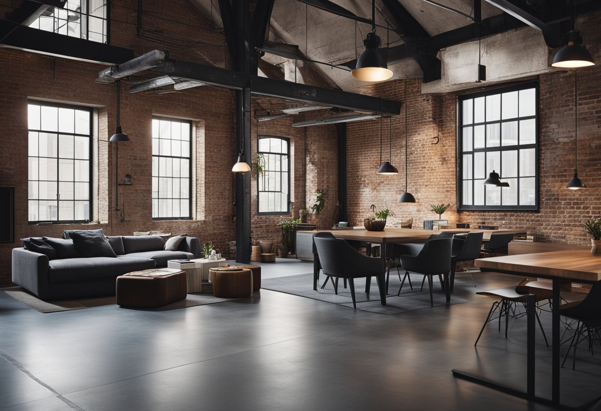 An open loft space with exposed brick walls, metal beams, and concrete floors. Industrial-style lighting fixtures and minimalist furniture create a modern, urban atmosphere