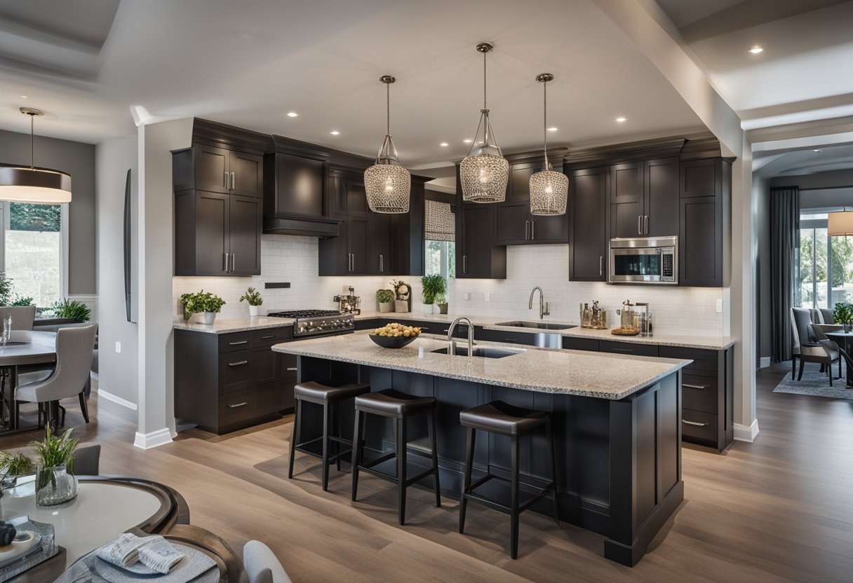 A spacious kitchen with a central island and granite countertops. Modern appliances and pendant lights hang above the island