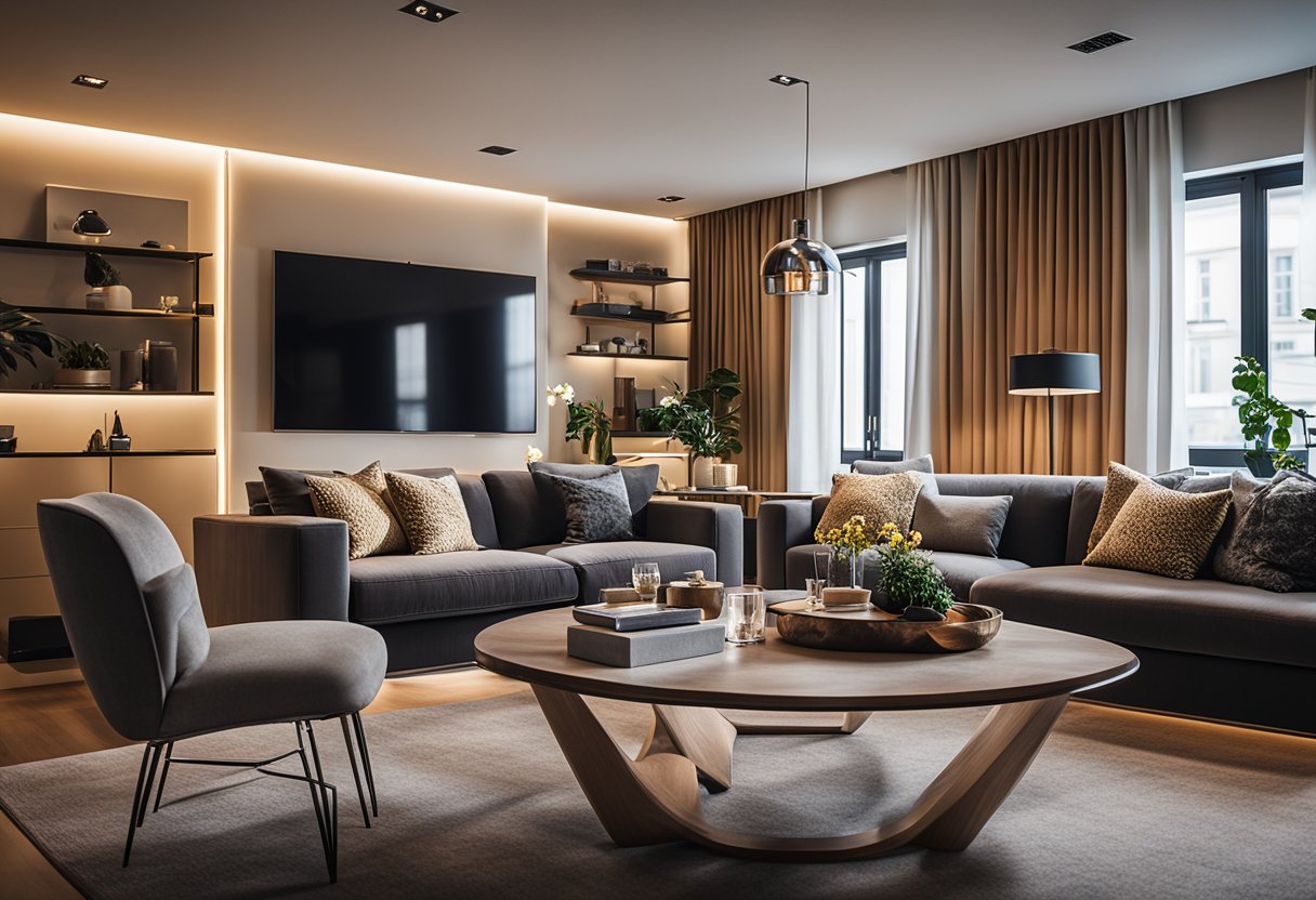 A cozy living room with modern furniture and warm lighting, showcasing the expertise of a reputable interior design company