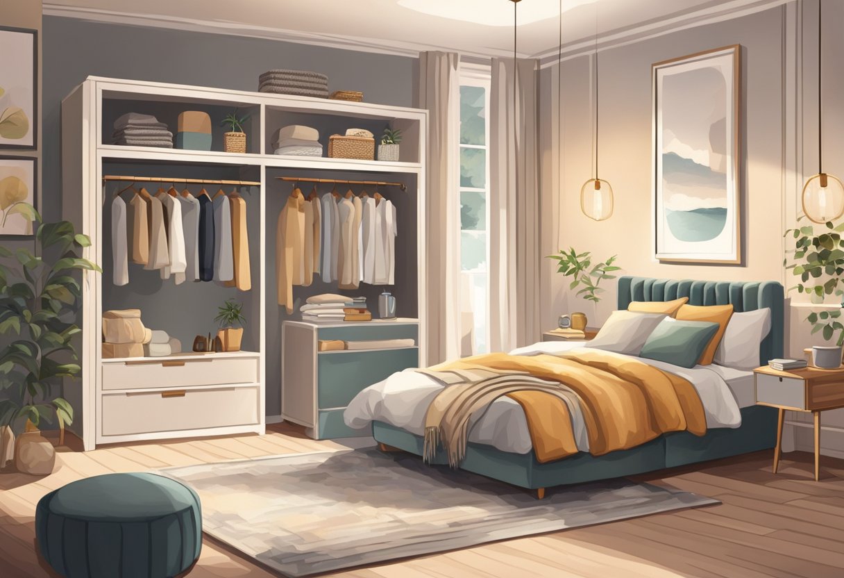 The room is bathed in soft, warm lighting, casting gentle shadows on the carefully curated wardrobe and interior design, creating a cozy and inviting atmosphere