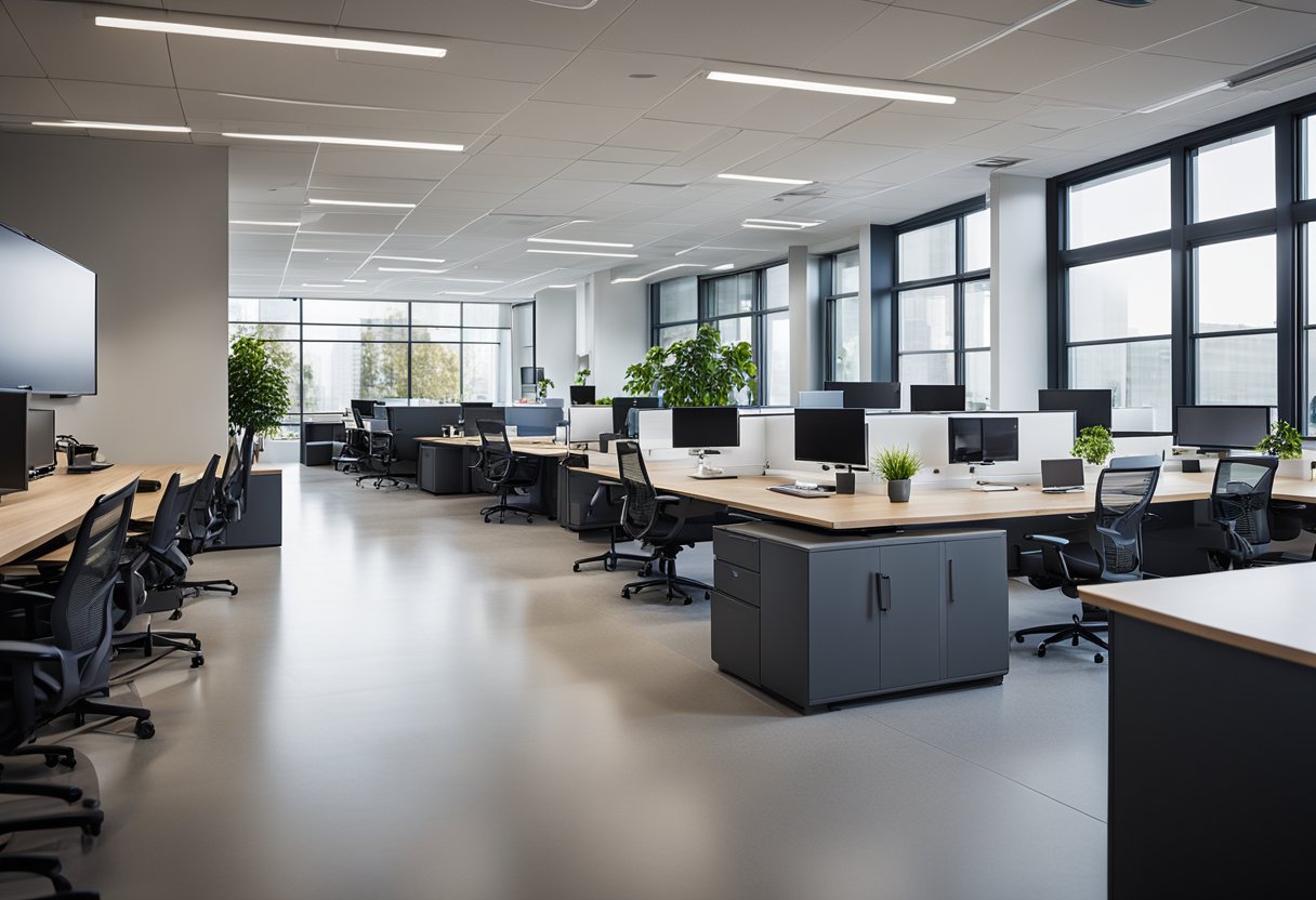 A modern office space with open floor plan, natural light, and collaborative work areas. A mix of standing and sitting desks, whiteboards, and technology integration for seamless workflow optimization
