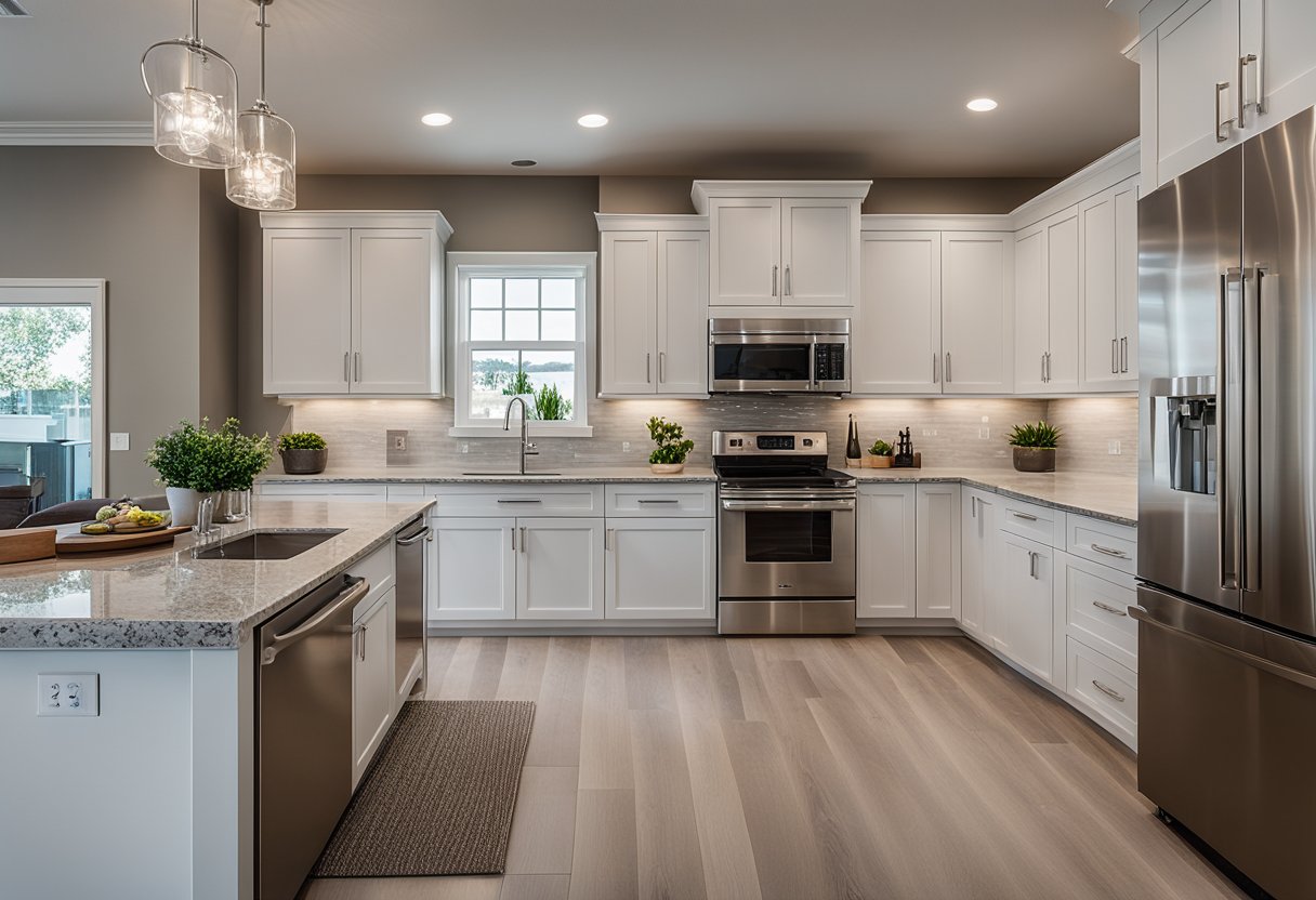 The kitchen is bathed in warm, natural light, highlighting the sleek stainless steel appliances and brushed nickel hardware finishes