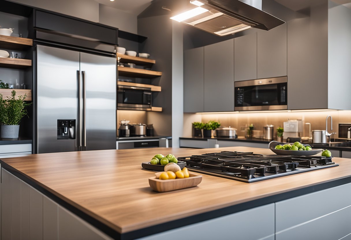 A modern kitchen with various flooring options: hardwood, tile, and laminate. Bright lighting and sleek appliances complete the interior design