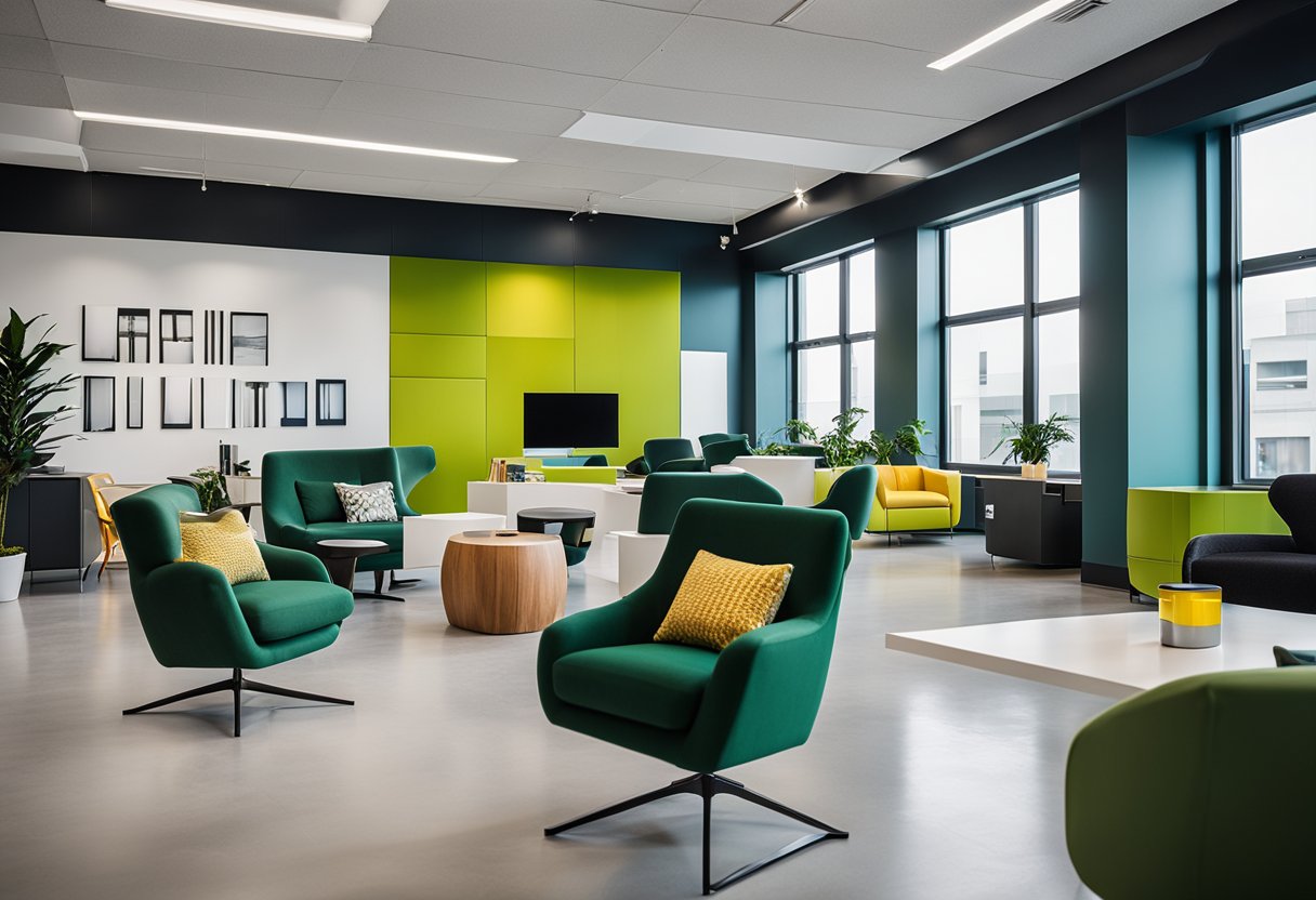 The office space features bold brand colors, sleek furniture, and prominent logos on walls and furniture, creating a cohesive brand identity
