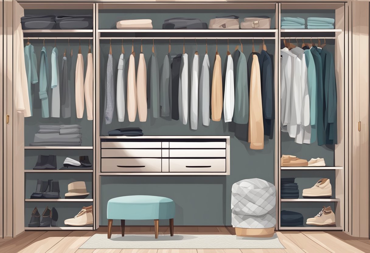 A neatly organized wardrobe with shelves of neatly folded clothes and compartments for accessories, with a mirror and a small stool for trying on outfits