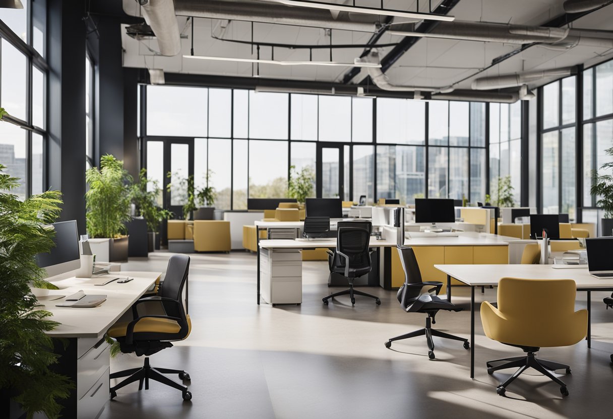 The office space features ergonomic furniture and ample natural light, with open floor plan for collaboration and private areas for focused work
