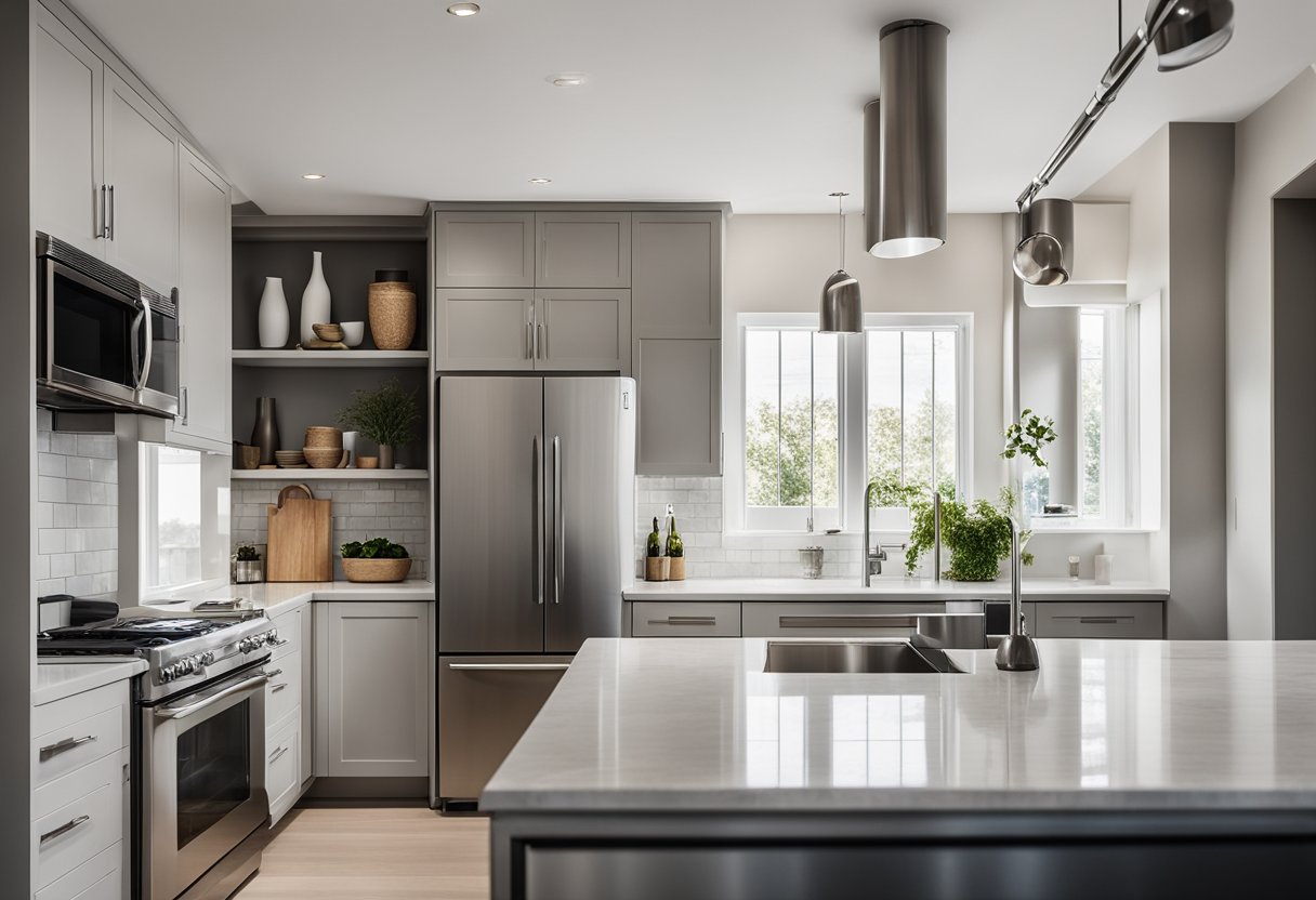 A modern kitchen with sleek lines, minimalist decor, and a neutral color palette. Stainless steel appliances and natural light create a bright, airy atmosphere