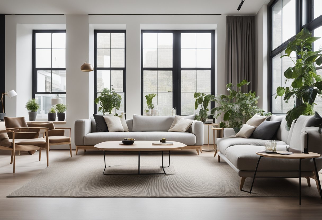 A spacious, well-lit modern interior with clean lines and minimalistic furniture. The natural light floods the room, creating a bright and airy atmosphere