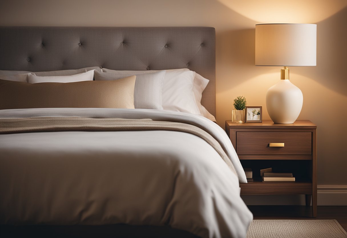 The soft glow of a bedside lamp illuminates a cozy bedroom. The warm, inviting atmosphere is enhanced by the gentle play of light and shadow on the walls and furniture