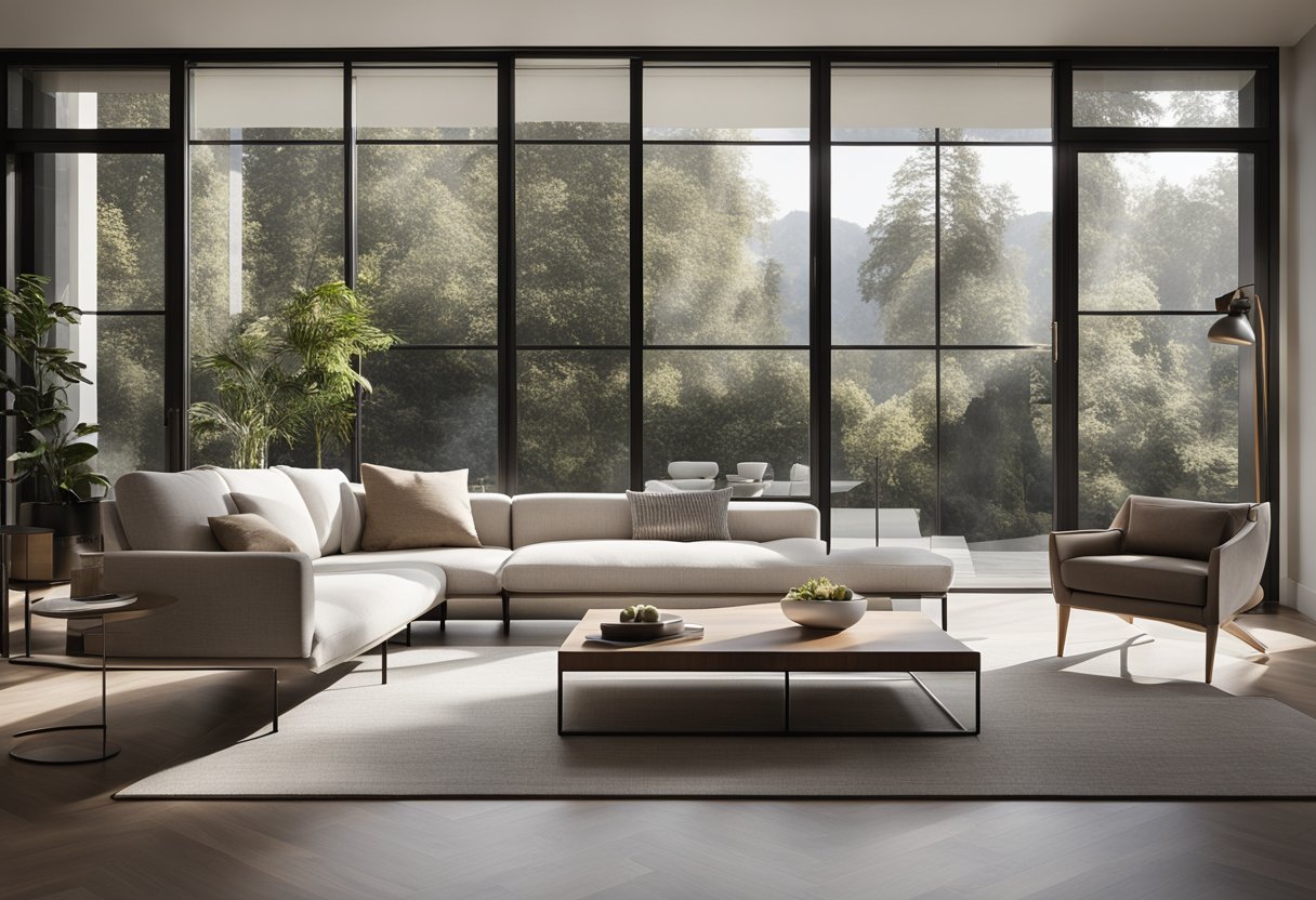 A sleek, minimalist living room with a neutral color palette, clean lines, and modern furniture. Large windows let in natural light, showcasing the use of glass, metal, and wood materials