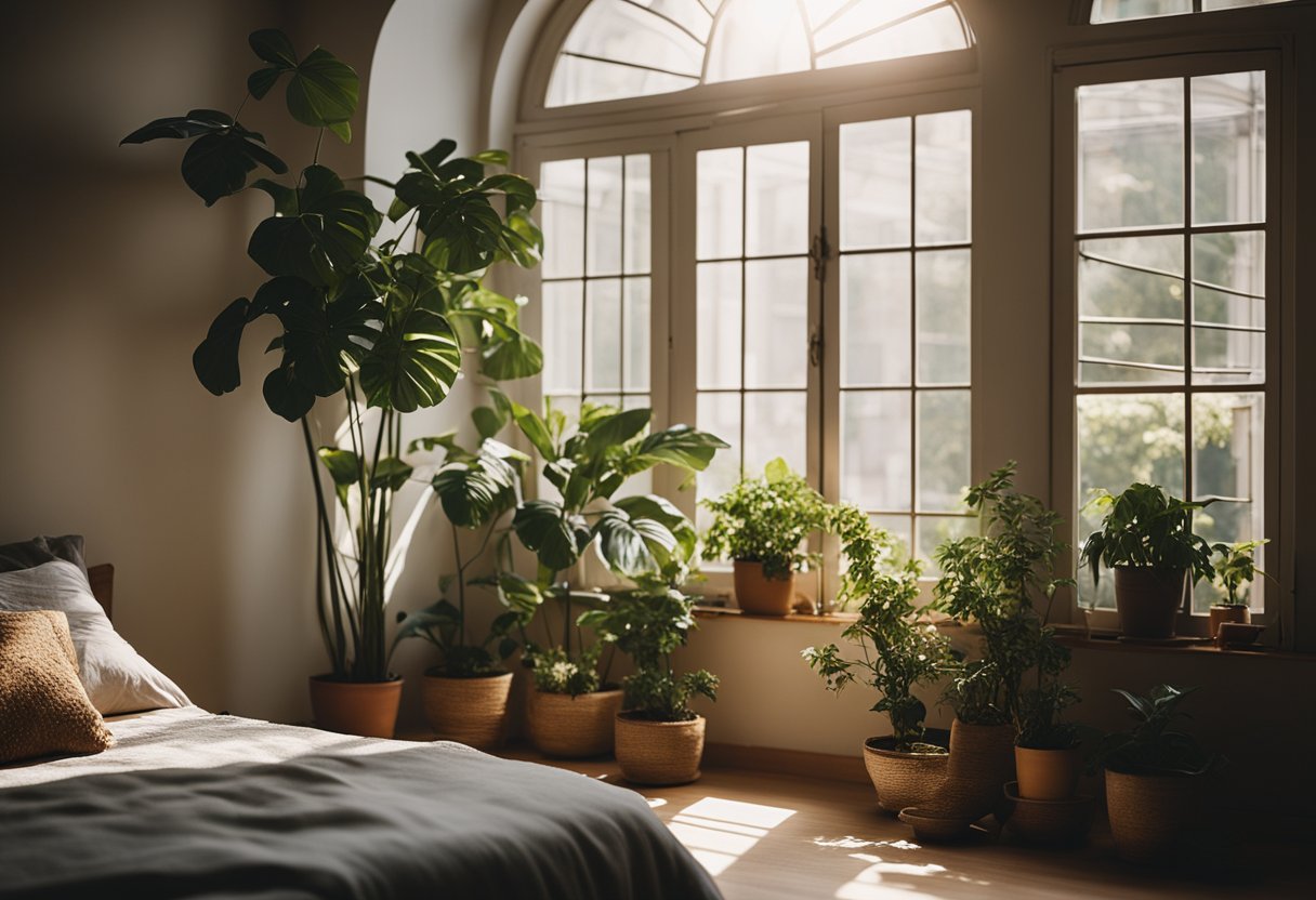 Sunlight streams through large windows, illuminating a cozy bedroom with potted plants, wooden furniture, and natural textiles