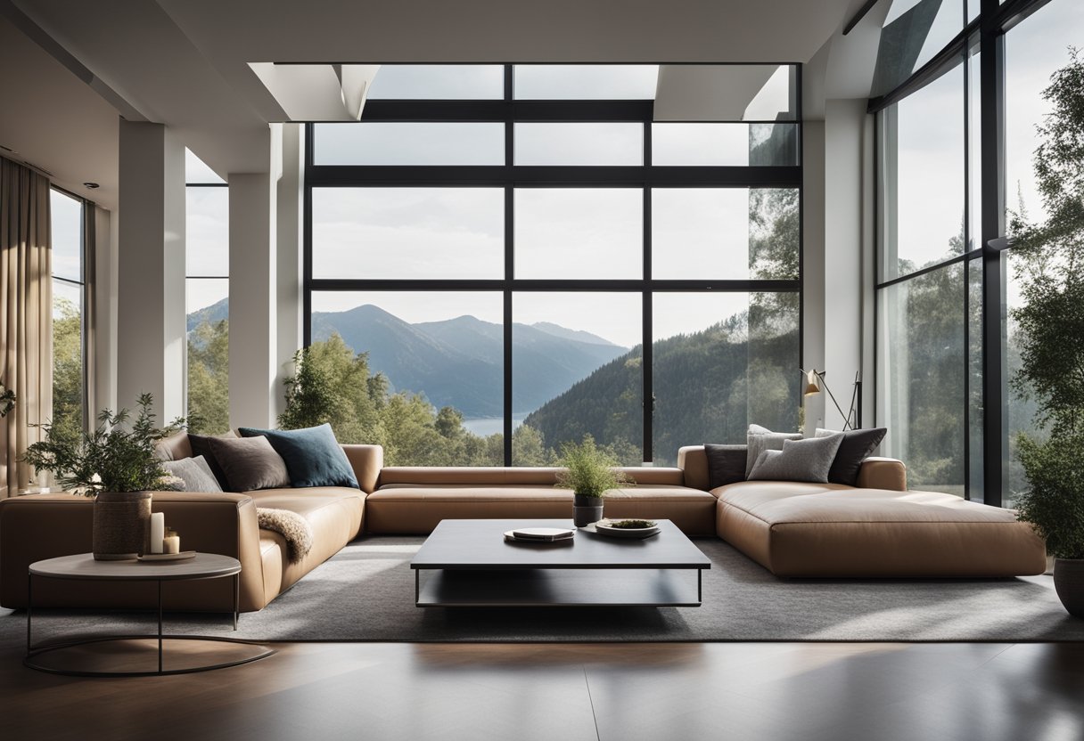 A modern living room with a cozy sectional sofa, a sleek coffee table, and a large window overlooking a scenic view