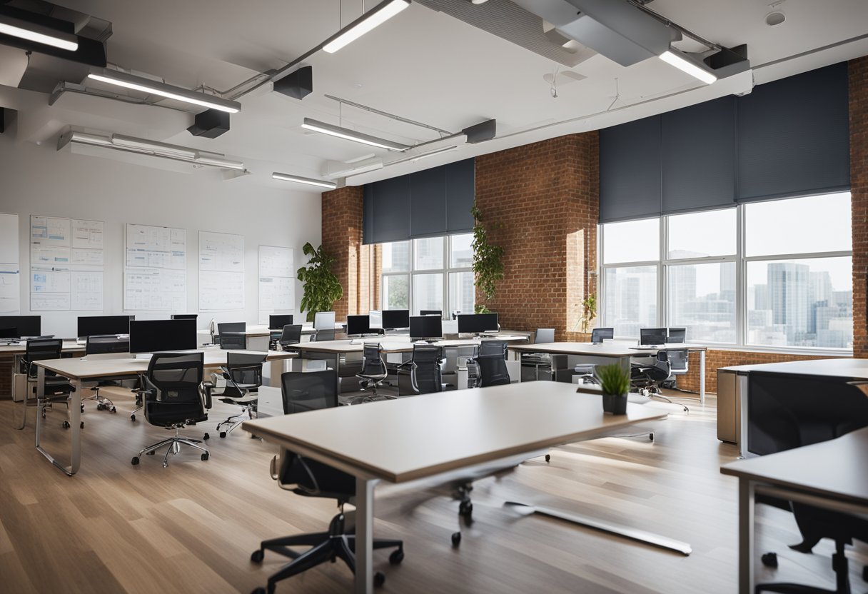 A modern office space with sleek furniture, a large whiteboard, and a wall of project timelines and charts. Bright, natural light filters in through large windows, creating a welcoming and productive atmosphere