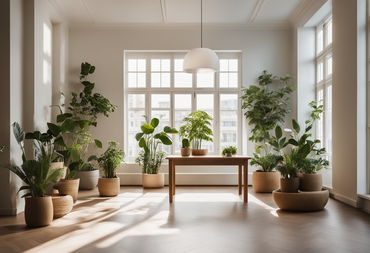 A spacious, sunlit room with large windows, indoor plants, and natural wood furniture. A minimalist color palette and clean lines create a serene and inviting space