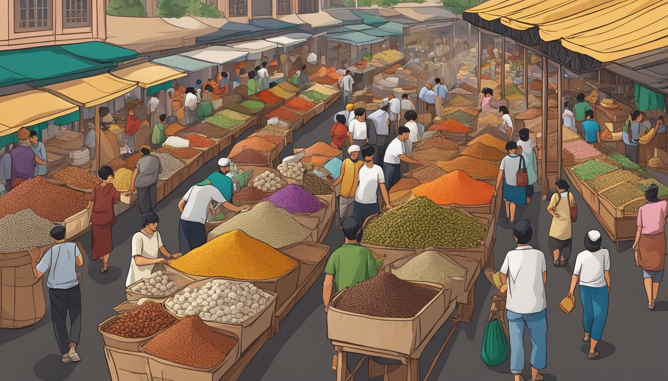 A bustling spice market in Singapore, with colorful stalls selling cloves in bulk. The aroma of the spice fills the air as vendors weigh and package the fragrant buds