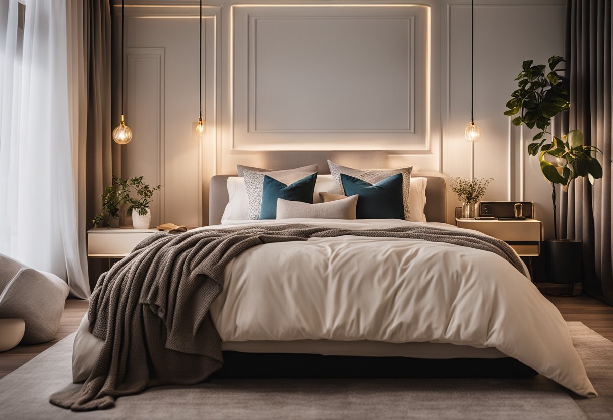 A cozy bedroom with warm lighting, soft throw pillows, and personalized decor on the nightstand and walls. A comfortable bed with a textured duvet and a plush rug on the floor completes the inviting space