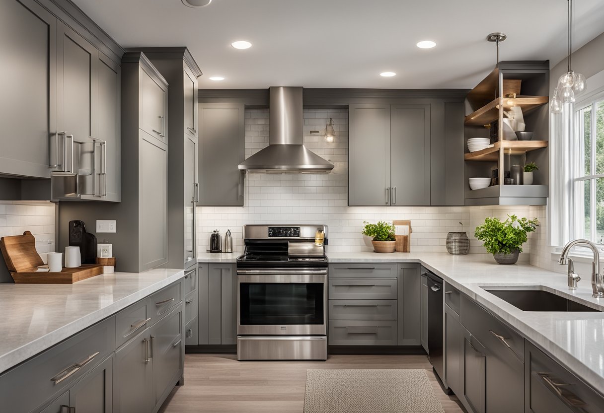 A modern kitchen with new cabinets, sleek countertops, and updated appliances. Bright lighting and a fresh color scheme give a clean and inviting feel