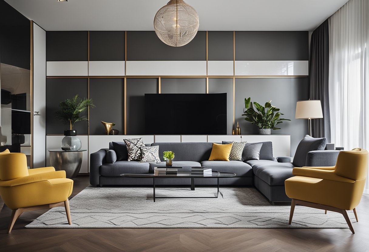 A sleek living room with clean lines, minimalistic furniture, and pops of bold color. Geometric shapes and asymmetrical patterns create a sense of modernity