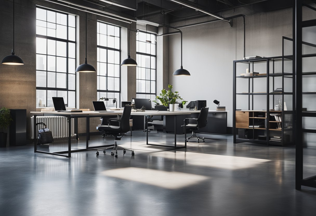A sleek, minimalist office space with exposed pipes, concrete floors, and metal fixtures. Clean lines and functional furniture create a modern, industrial aesthetic