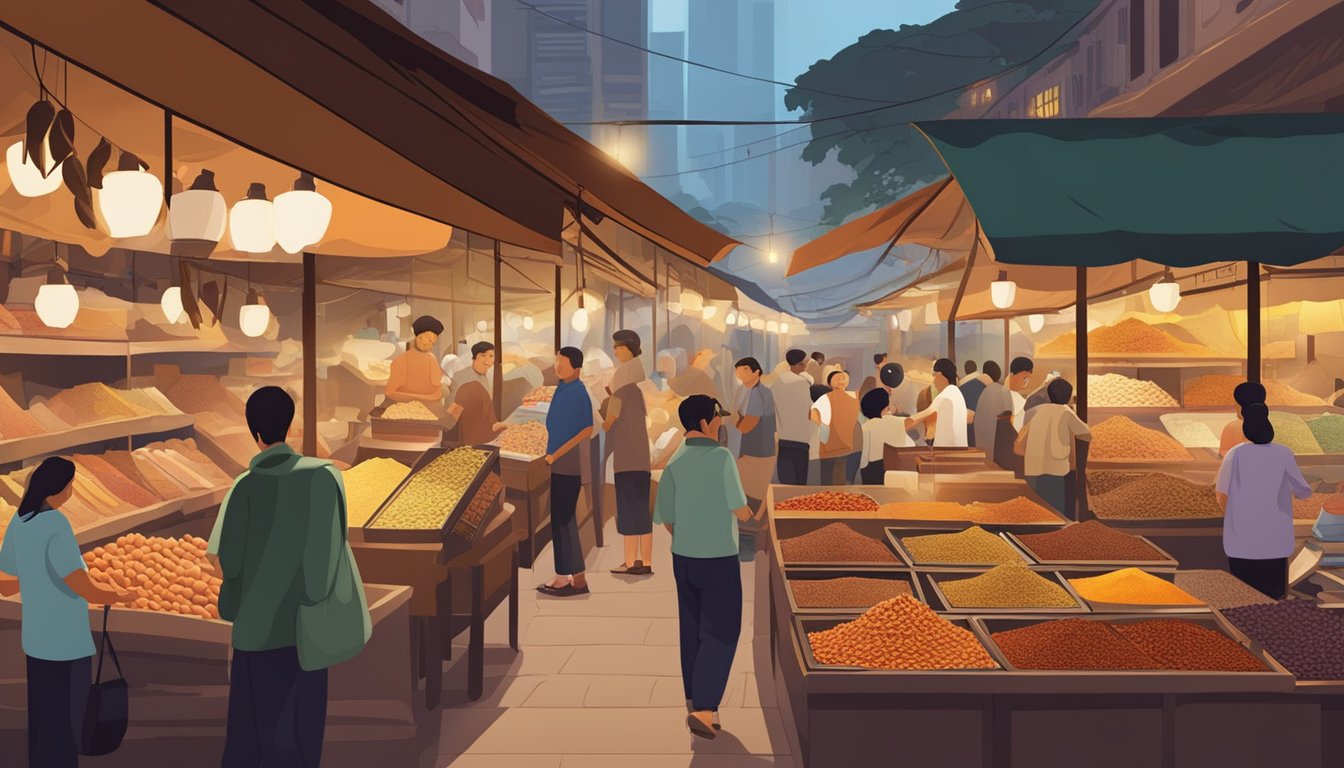 A bustling spice market in Singapore, with colorful stalls selling cloves in bulk. The air is filled with the rich, warm aroma of the aromatic spice
