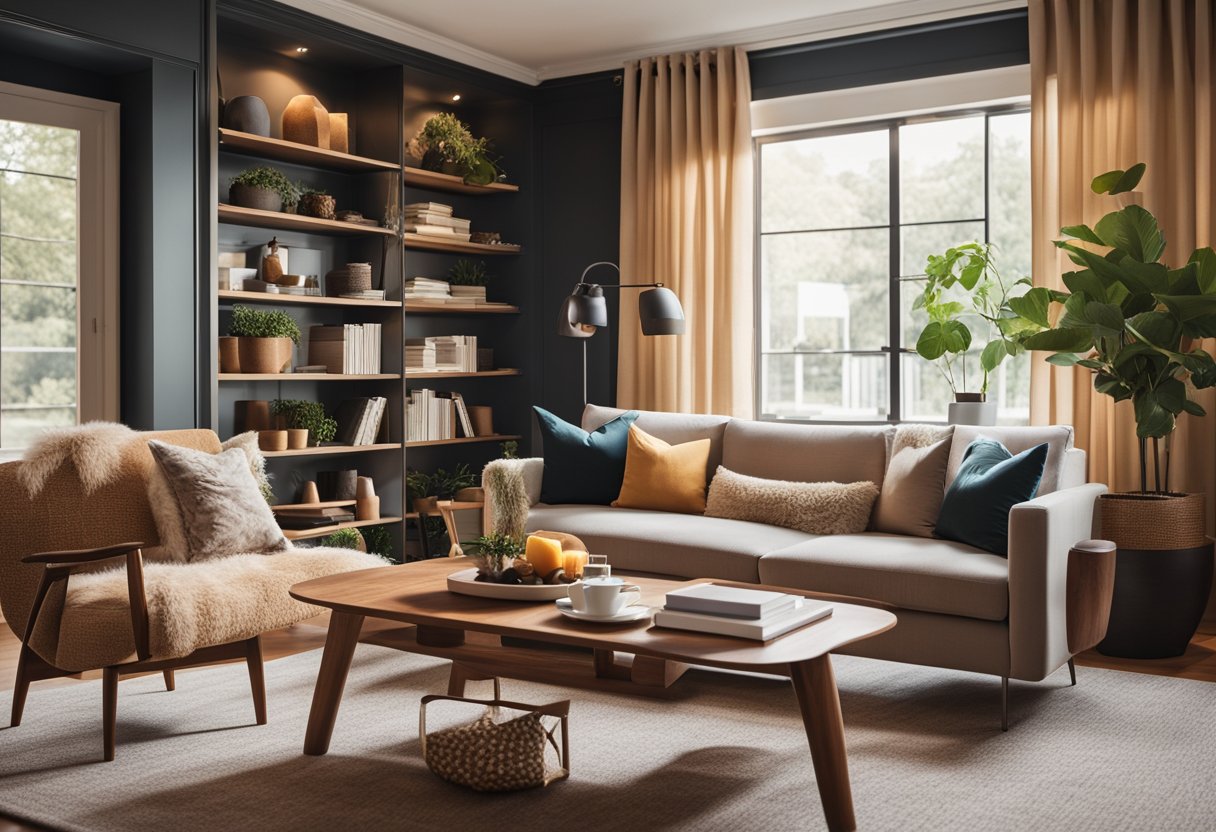 A cozy living room with a custom-built bookshelf, a comfortable sofa, and a sleek coffee table, all surrounded by warm, inviting colors and textures