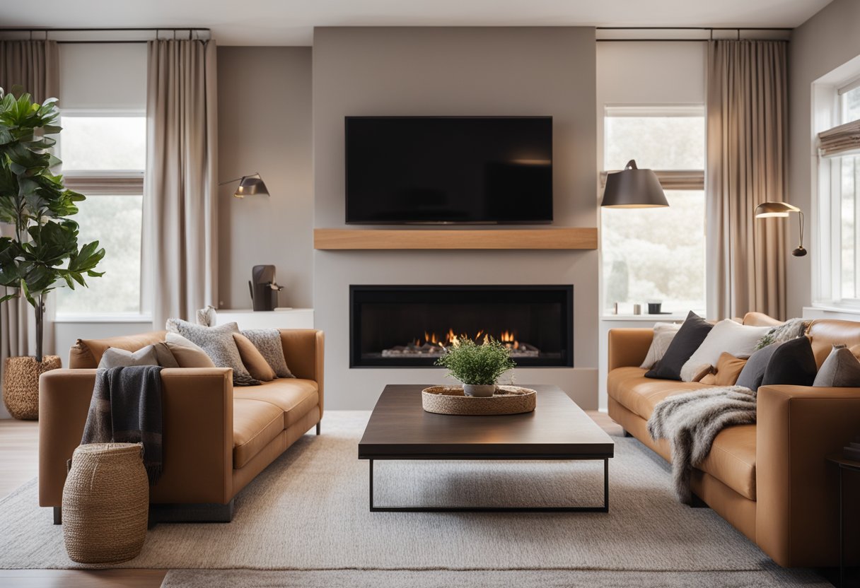 A cozy living room with sleek furniture, soft lighting, and a warm color palette. A large, comfortable sofa sits in front of a minimalist fireplace, creating a welcoming and stylish space