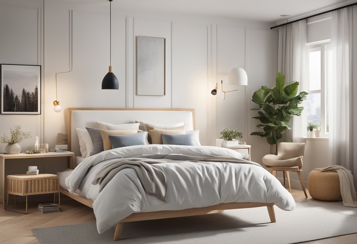 A bright, airy bedroom with fresh paint, new flooring, and modern furniture. A cozy bed with plush bedding and stylish decor