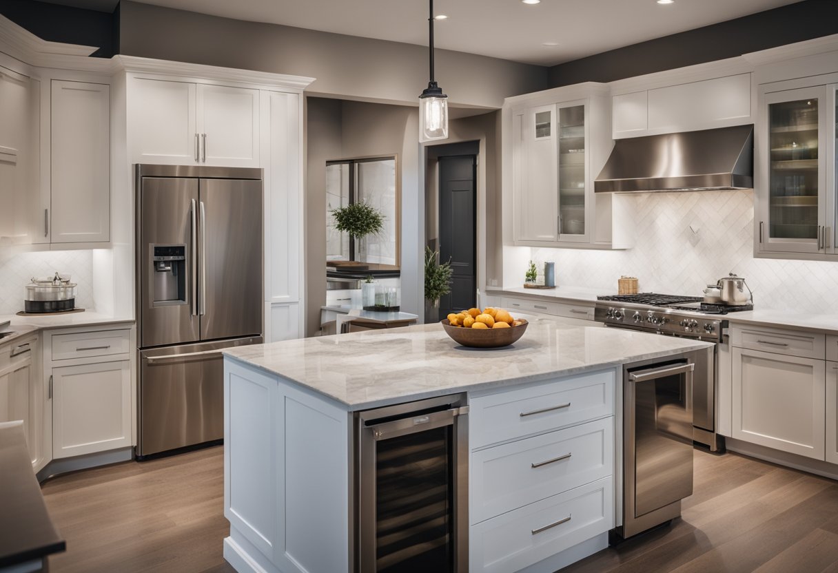 A sleek, modern kitchen with stainless steel appliances, marble countertops, and a large island for food preparation. Bright lighting and clean lines create a professional and inviting atmosphere