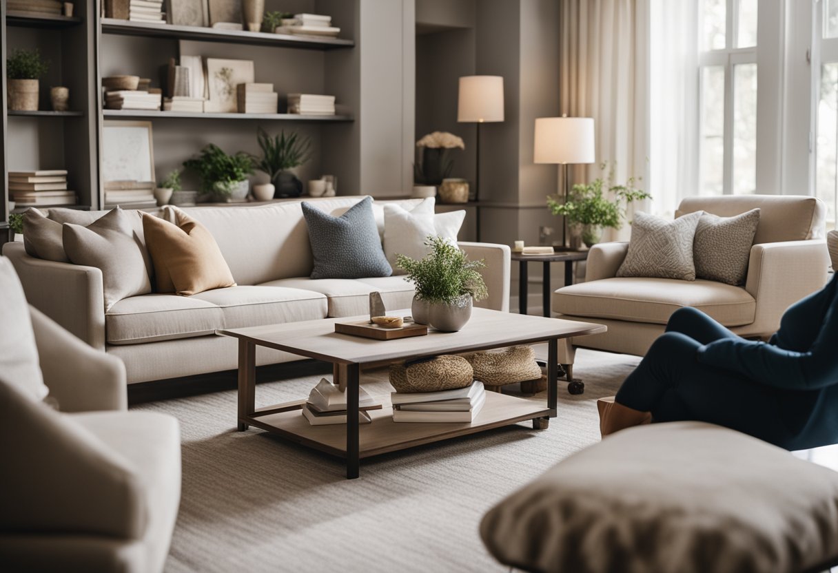 A cozy living room with a neutral color palette, comfortable seating, and a large, well-lit workspace. A designer and client discuss fabric swatches and furniture layouts