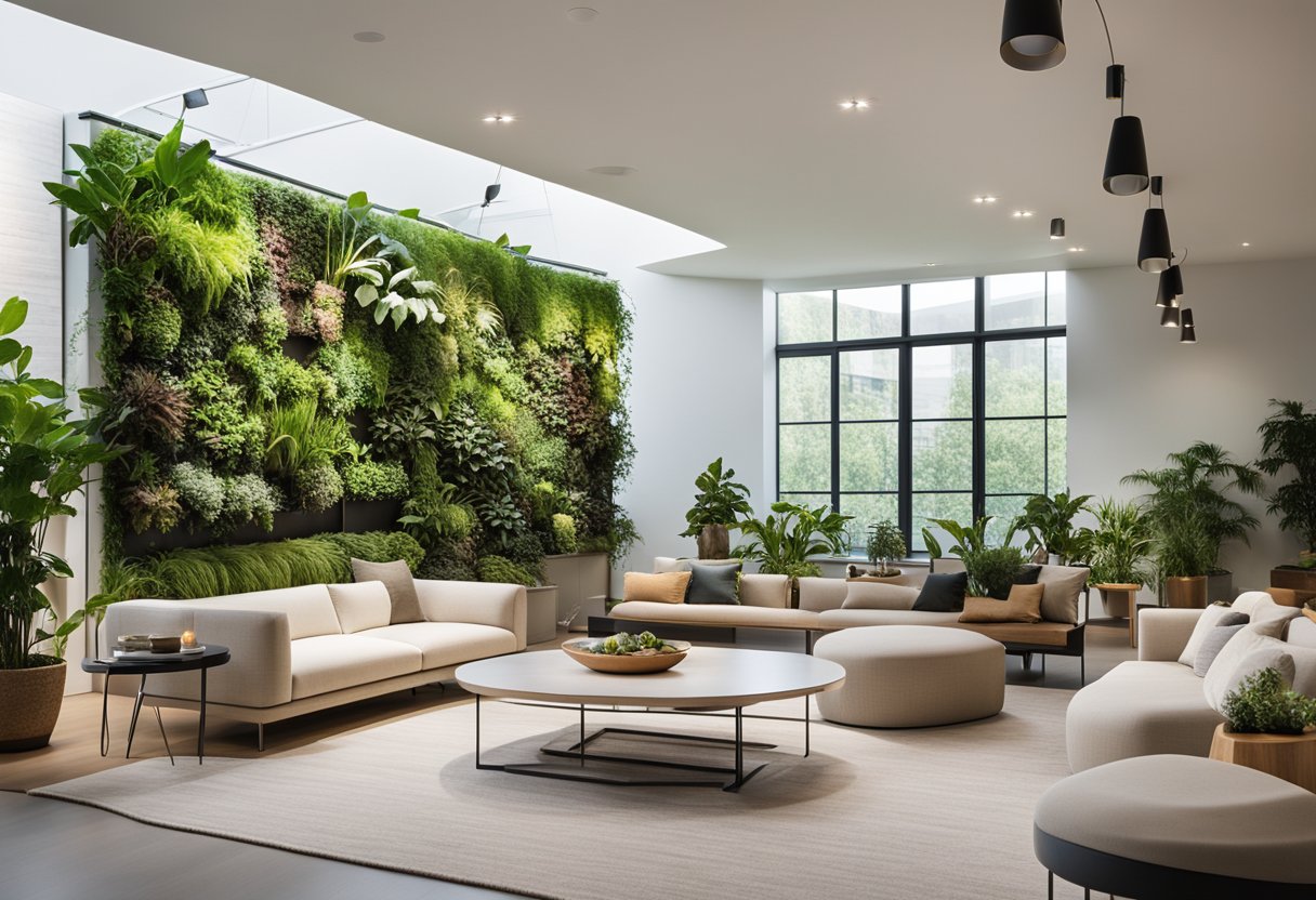 A spacious, light-filled room with sleek, eco-friendly furniture and innovative, energy-efficient fixtures. A living wall of plants provides a natural touch, while smart technology seamlessly integrates with the design