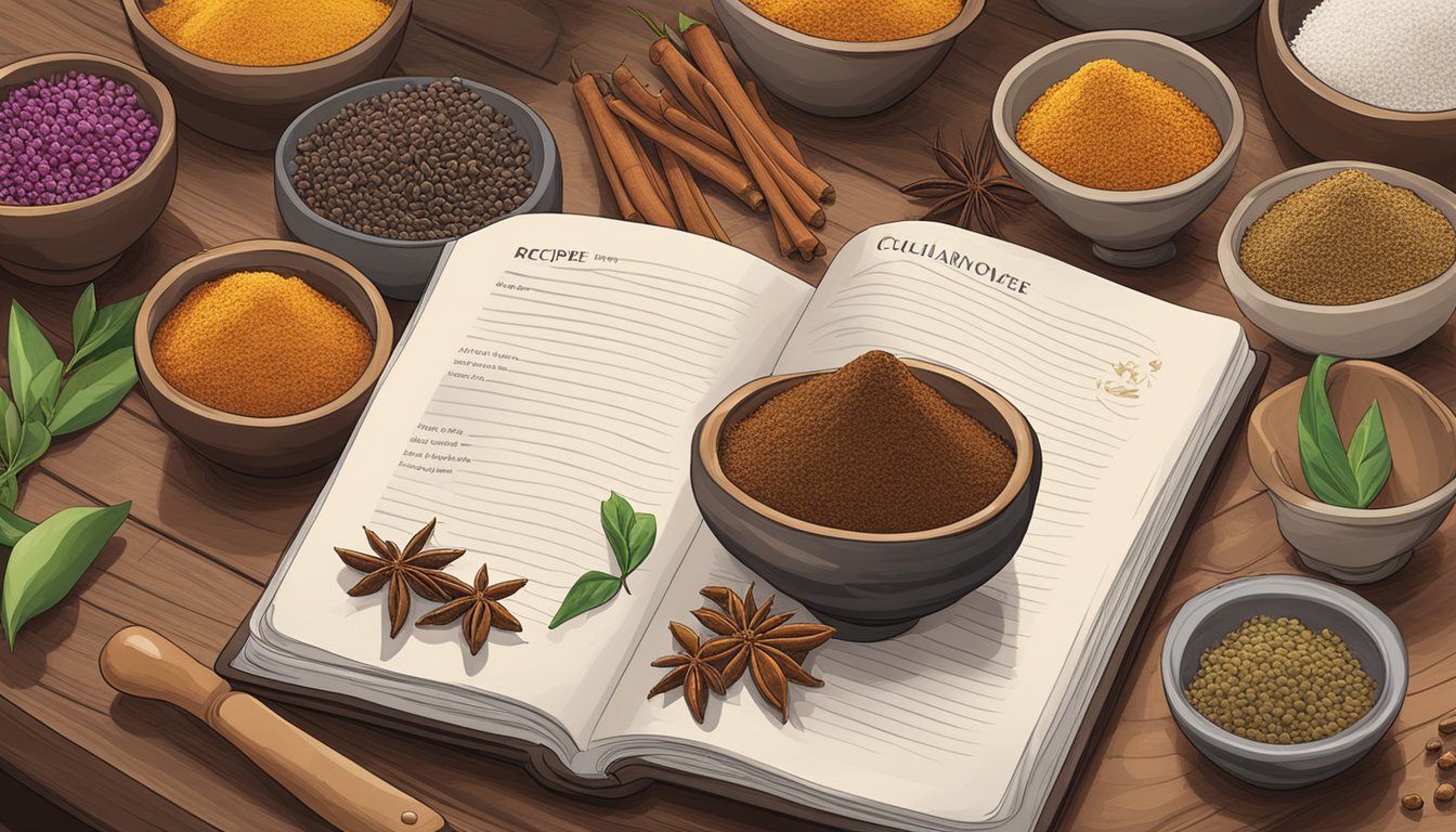 A pile of aromatic cloves sits on a wooden table, next to a mortar and pestle. A recipe book is open, with a list of culinary uses and benefits of cloves. In the background, a bustling market in Singapore offers a variety of spices