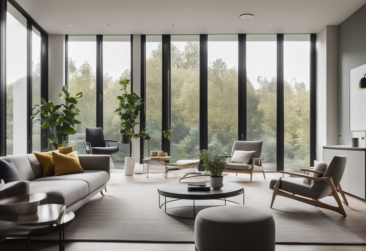 A sleek, minimalist living room with clean lines, neutral colors, and a pop of vibrant accent color. Large windows let in natural light, and modern furniture creates a sense of spaciousness