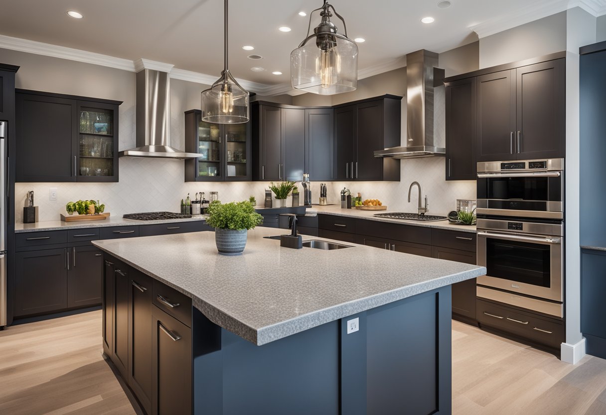 A modern kitchen with sleek countertops, stainless steel appliances, and ample storage space. A large island serves as a focal point, with pendant lighting above