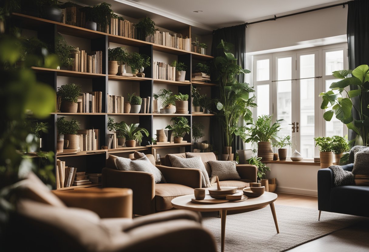 A cozy living room with warm lighting, comfortable furniture, and thoughtful decor. A bookshelf filled with books and plants adds a touch of homeliness