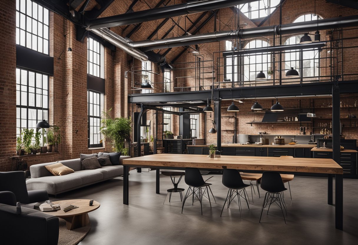 An open industrial-style loft with exposed brick, metal beams, and large windows. Sustainable elements like reclaimed wood furniture and energy-efficient lighting