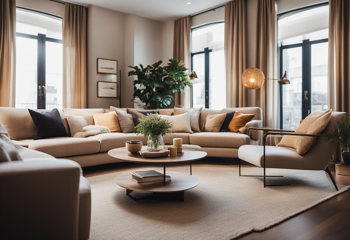 A cozy living room with a modern sofa, coffee table, and bookshelves. Soft lighting and warm colors create a welcoming atmosphere