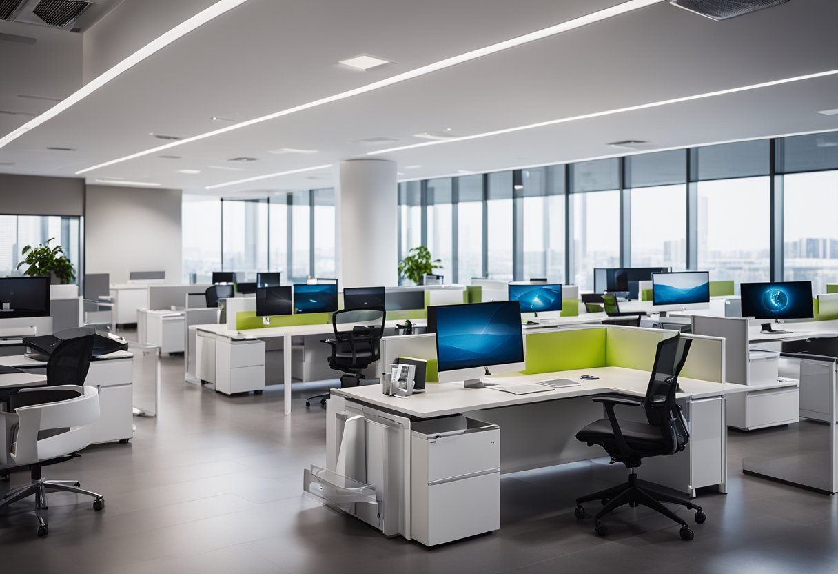 Modern office interior with sleek technology integration. Smart lighting, wireless charging stations, and ergonomic workstations. Clean lines and minimalist design