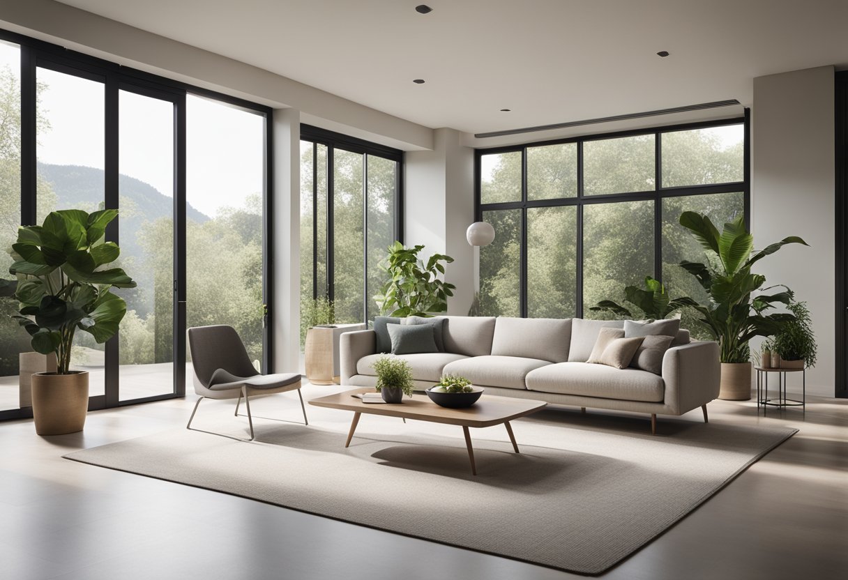 A sleek, minimalist living room with clean lines, neutral colors, and modern furniture. A large window lets in natural light, and plants add a touch of greenery