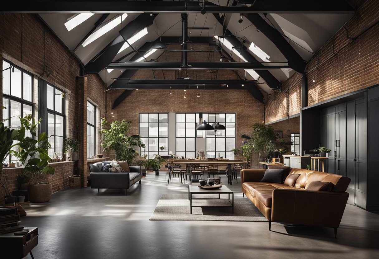 An open loft with exposed brick, metal beams, and concrete floors. Industrial lighting fixtures and minimalist furniture create a modern, urban atmosphere