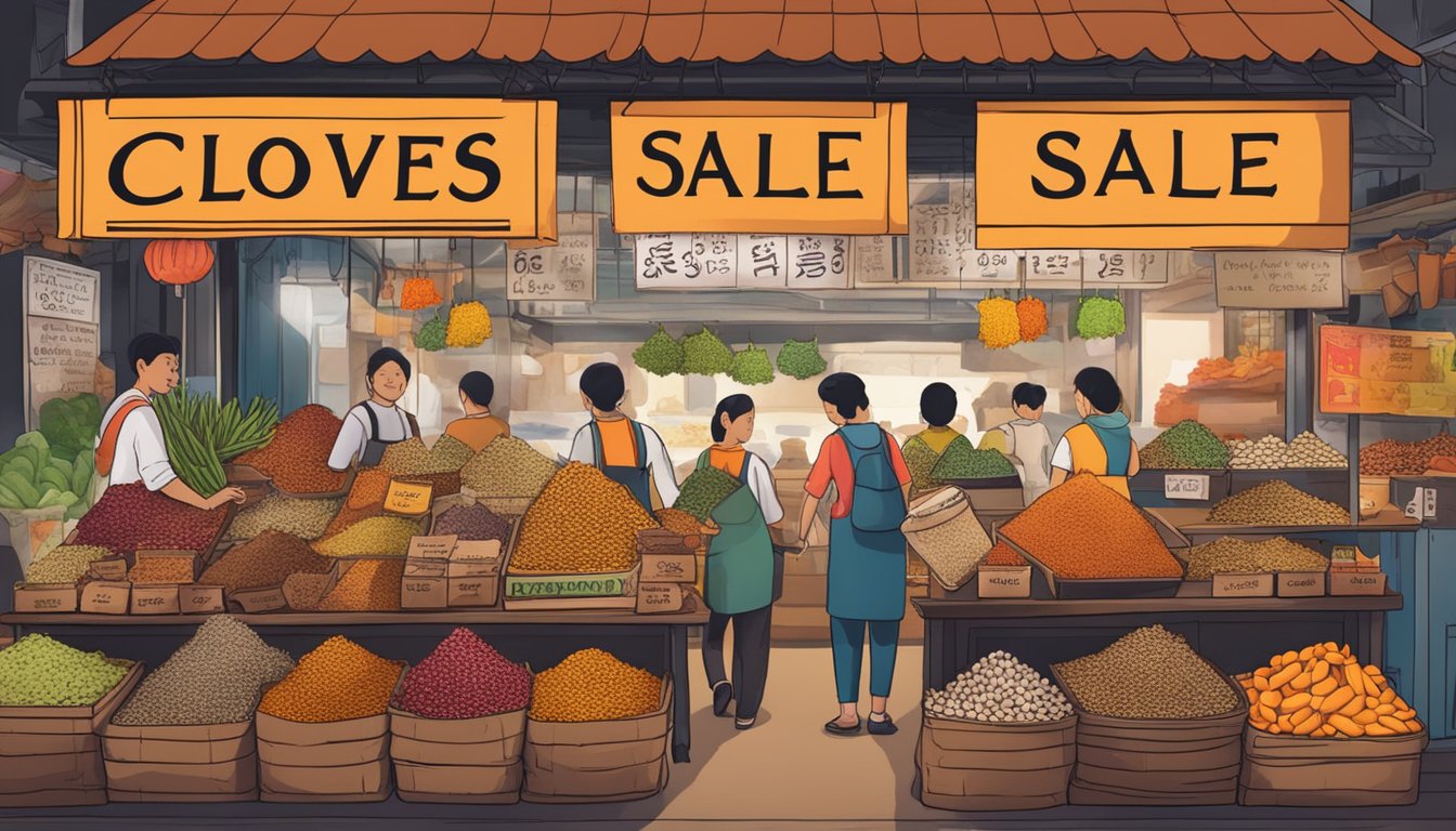 A bustling market stall with vibrant displays of spices and a sign reading "Cloves for Sale" in Singapore