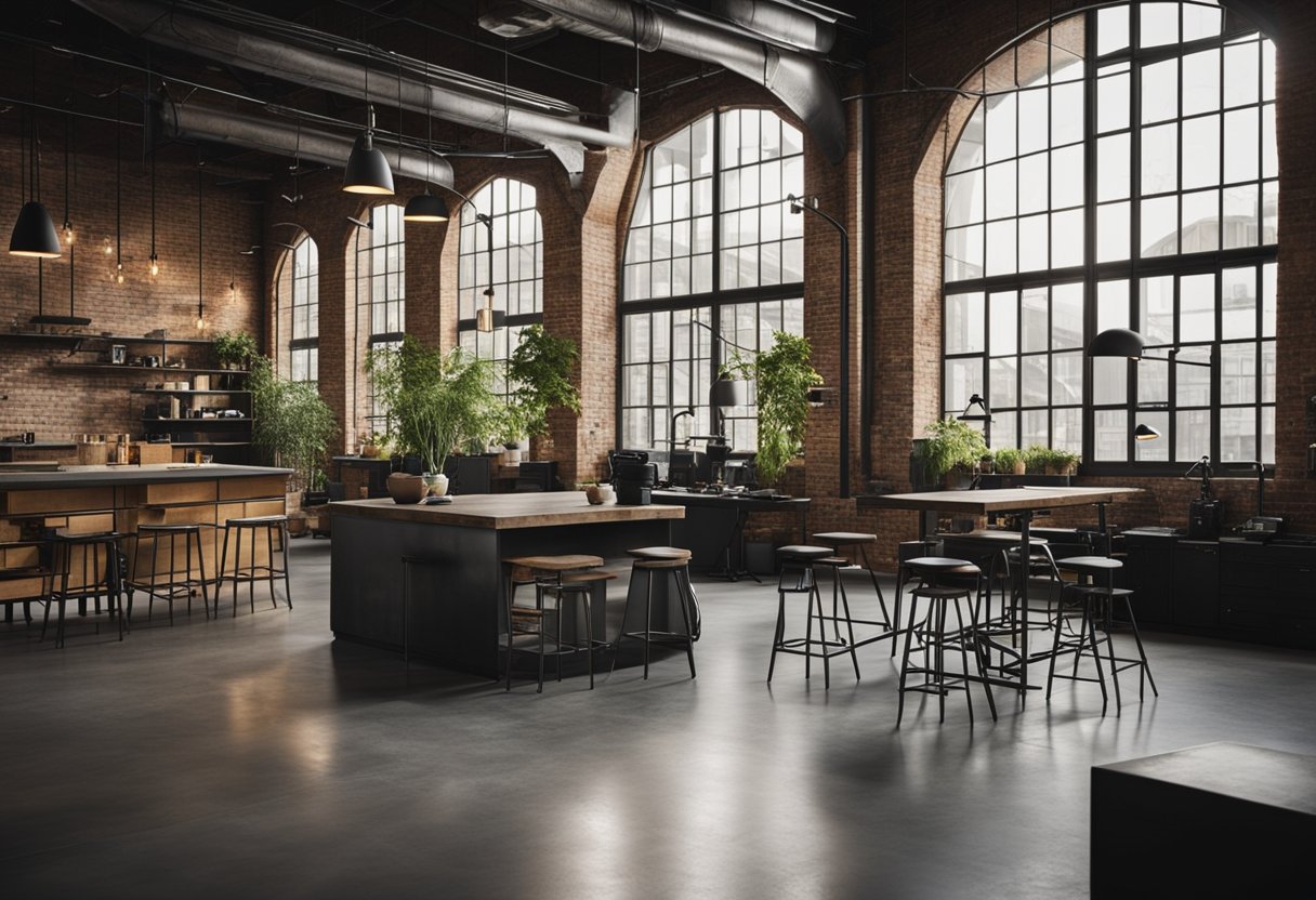 An open loft space with exposed brick walls, metal beams, and concrete floors. Industrial light fixtures, vintage furniture, and raw materials create a modern yet gritty atmosphere